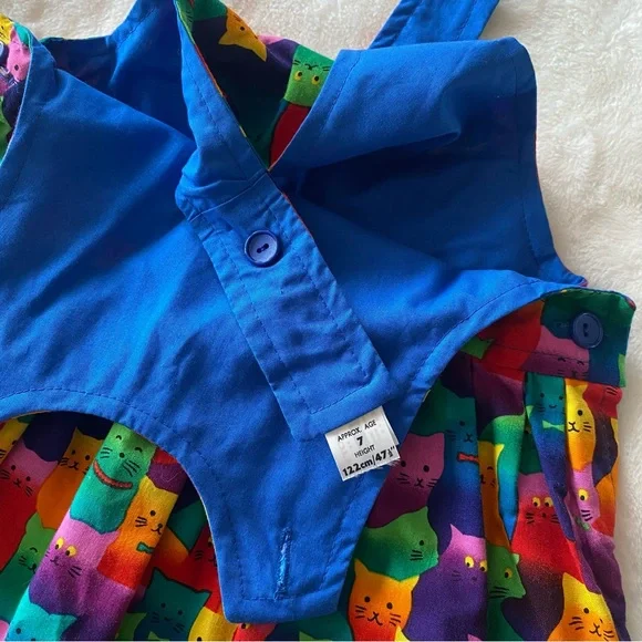 Vintage 90s handmade 100% cotton colorful rainbow cat print girl’s dress jumper - Picture 8 of 15